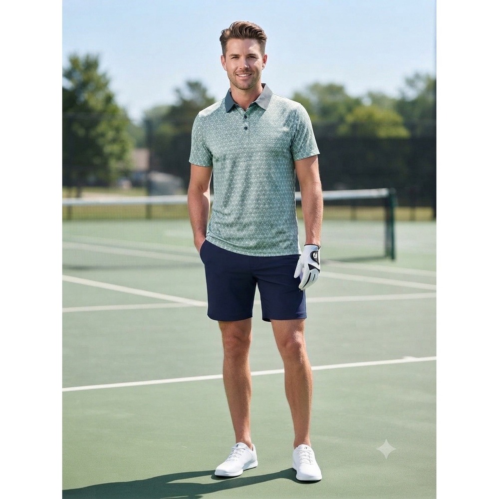 All in Motion Mens L Textured Polo Shirt Green Tennis Racket Print Performance